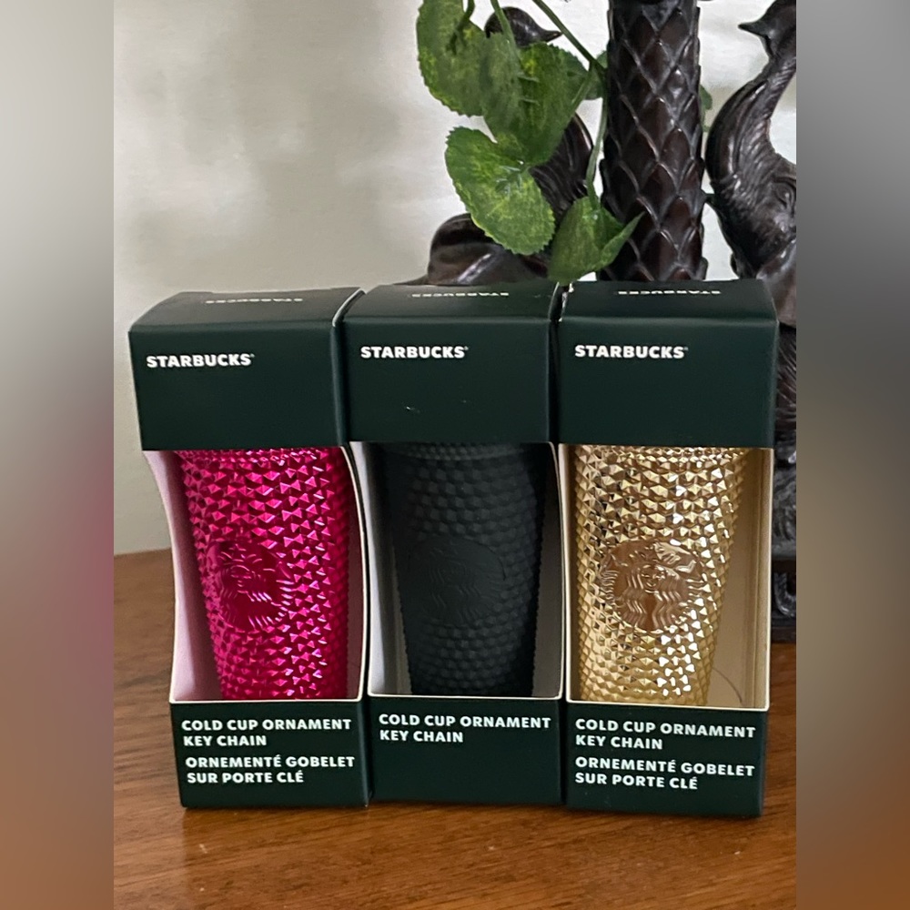 NWT Starbucks 2022 Holiday Studded Ornament Keychain Set Gold,Pink & Dark Green